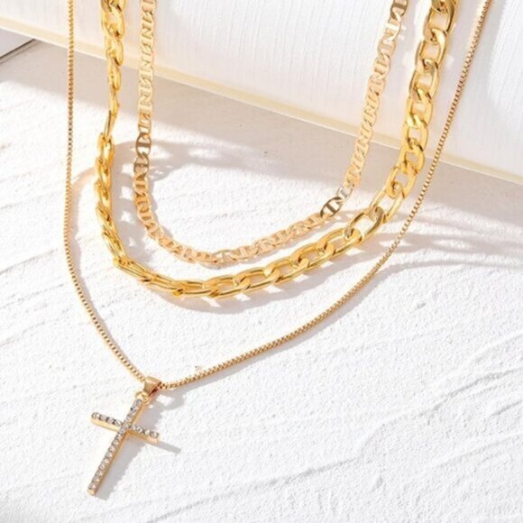 Layered Cross Pendant Necklace Set – 3 Chains Statement Style - Picture 4 of 4